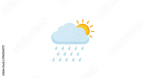 Weather icon showing a blue cloud with falling raindrops and a bright sun peeking from behind on a white background.