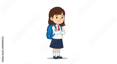 Young school girl wearing a uniform and a blue backpack standing with her arms crossed in a confident pose on white.
