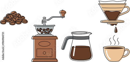 Pour Over Coffee Brewing Process Set with Grinder Beans and Cup Illustration
