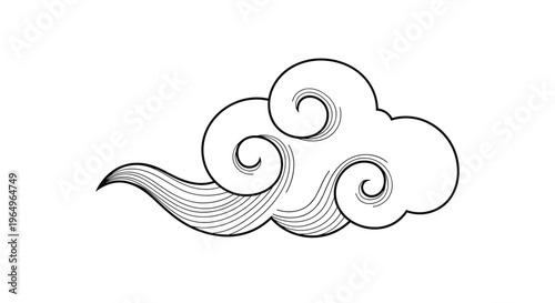 Traditional Asian style cloud line drawing with intricate swirl patterns in black ink isolated on a white background.