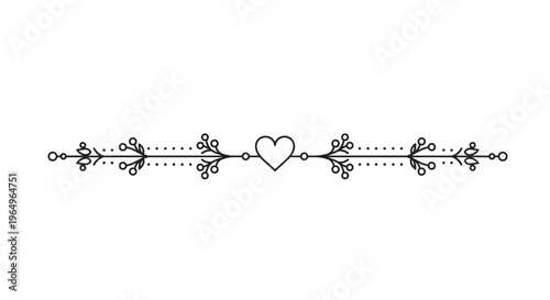 Simple black and white heart divider line with small floral berry branches on each side for romantic decorations.