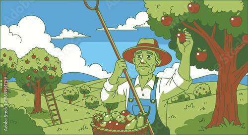 Green man picking apples from tree.