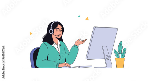 Customer service representative woman with a headset working at a computer desk and gesturing towards the monitor.