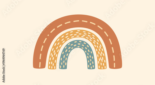 Stylized boho rainbow with earth tone colors and dotted patterns against a soft cream colored background for decor.