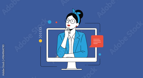 Thinking woman in a professional suit appearing on a computer monitor with abstract shapes and a speech bubble.