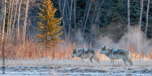 Wallpaper Mural Wolves in the Wilderness: Two majestic wolves journey together through a pristine, natural habitat, surrounded by a serene wilderness landscape. Torontodigital.ca