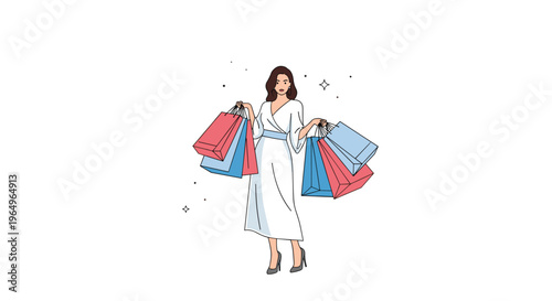 Stylish woman in a long white dress carrying multiple colorful shopping bags in both hands against a white background with star accents.