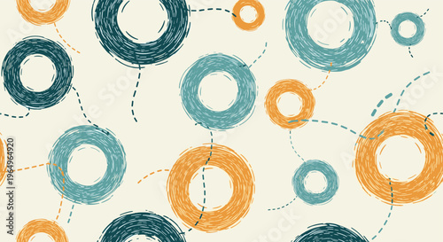 Seamless background pattern featuring hand-drawn sketchy circles in various sizes and shades of blue and orange with dotted line connectors.