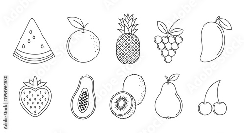 Variety of fruit icons line art 3.