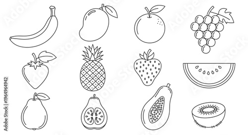 Variety of fruit icons line drawing.