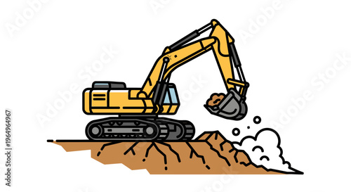 Yellow excavator digging into brown dirt.