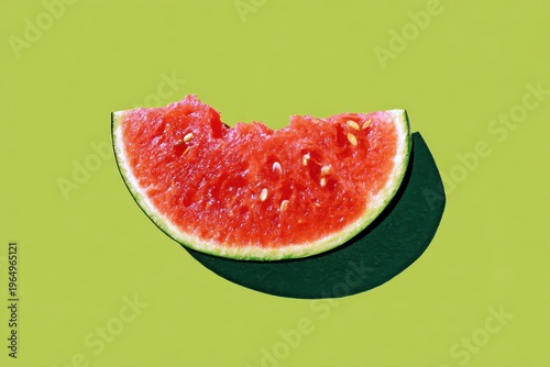 Wallpaper Mural Bite-Marked Watermelon Slice: A refreshing close-up of a vibrant watermelon slice with a tempting bite taken out, perfect for conveying summer delight. Torontodigital.ca