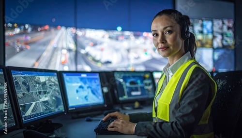 A woman in a control room monitors screens, wearing a reflective vest