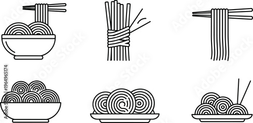 Asian noodles ramen and pasta bowl icon set with chopsticks in thin line black outline style for food menu design