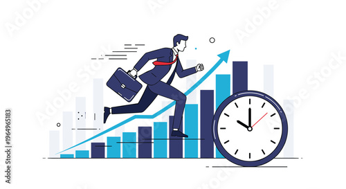 Ambitious businessman in a suit running up a rising blue bar chart with an arrow towards a large clock for time management concepts.