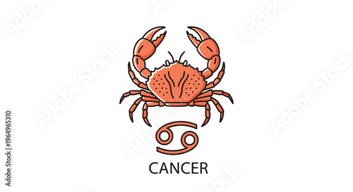 Stylized orange crab illustration representing the Cancer zodiac sign with its corresponding astrological symbol and text on white.