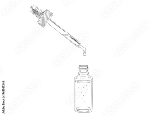 ドロップが一滴落ちる、ミニマルな白黒線画のスポイトとボトルのイラスト
