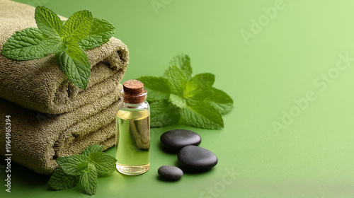 Fresh mint leaves surround a glass bottle of essential oil. Folded towels rest beside smooth, dark stones. Ideal for spa and wellness.