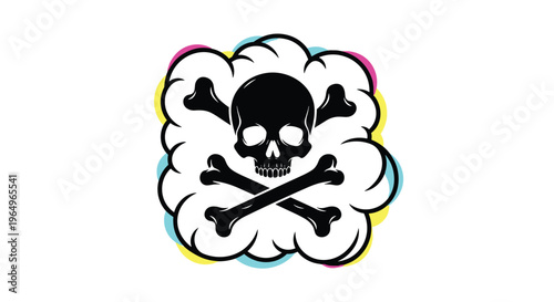 Menacing black skull and crossbones symbol set against a white fluffy cloud with colorful cyan magenta and yellow highlights on white.