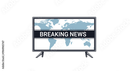 Professional flat vector illustration of a modern television screen showing a global map with a breaking news banner across it.