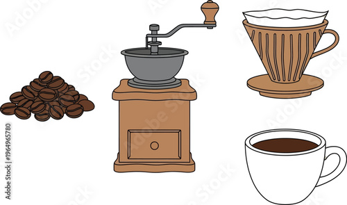 Coffee Brewing Set with Beans Grinder Dripper and Cup Illustration