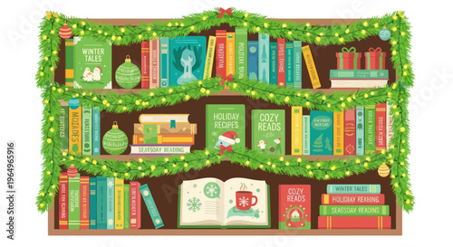 Christmas Bookshelf with Garland and Lights, Cozy Winter Reading