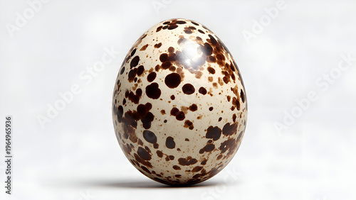 Single Quail Egg with Natural Brown Speckled Pattern Isolated on White Background, Macro Photography of Organic Healthy Food Ingredient and Poultry Product.