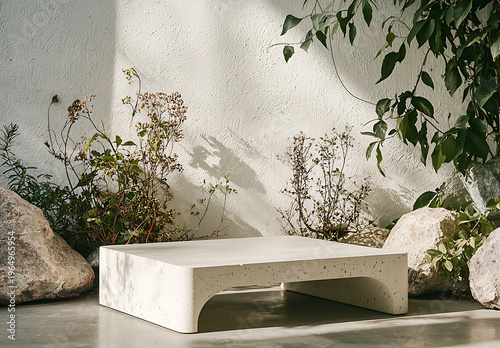 Modern square stone coffee table sits elegantly in serene setting, surrounded by lush greenery and natural stones, creating tranquil atmosphere