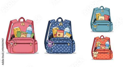 Set of colorful school backpacks featuring different patterns and colors with open compartments filled with snacks and water bottles.
