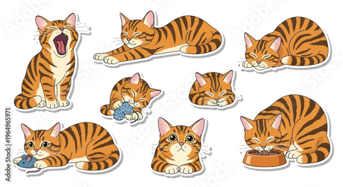 Cute Orange Tabby Cat Stickers Set: Playful, Sleeping, Eating, Yawning