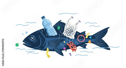 Dead fish floating with plastic pollution in ocean water, environmental concept