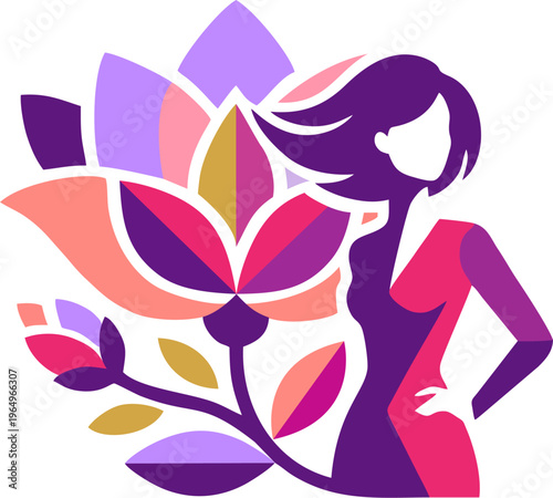 Woman integrated with a colorful blooming lotus flower, a modern vector illustration