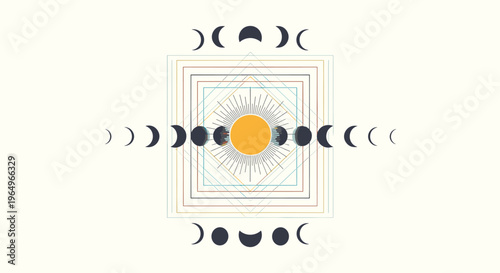 Celestial art piece featuring various moon phases arranged around a central golden sun within nested geometric squares.