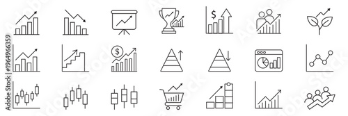 Stock market icons. Line growth and decrease icon set. Growth up and down, Profit and loss icon. Business, stock exchange, investment, analysis, percentage growth and decrease, candlestick line icon 
