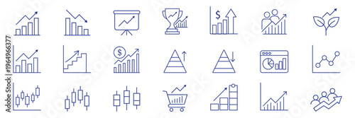Stock market icons. Line growth and decrease icon set. Growth up and down, Profit and loss icon. Business, stock exchange, investment, analysis, percentage growth and decrease, candlestick line icon 