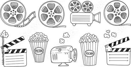 Black and White Cinema Icons Set Featuring Film Reels, Projector, Popcorn, Clapperboard, and Movie Elements for Entertainment Designs