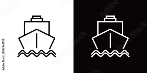 正面から見た船のラインアイコン。白い線と黒い線のモノクロベクターイラスト