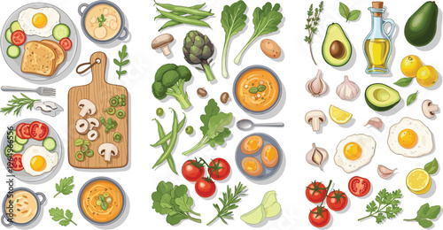 Flat vector lay illustration of fresh cooking ingredients including avocado, cherry tomatoes, garlic, mushrooms, broccoli, and olive oil with prepared breakfast plates.