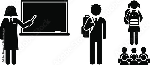 Black and White Classroom Icons Set Featuring Teacher, Students, Blackboard, and School Classroom Designs