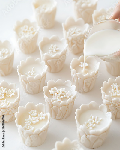 Handcrafted candles being poured into decorative molds, showcasing intricate floral designs. process highlights creativity and craftsmanship