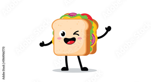 Cheerful cartoon sandwich character with a face, arms, and legs winking and giving a thumbs up on a white background.