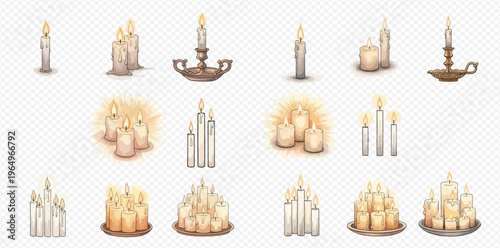 Set of realistic burning candles with glowing flames, wax, and candle holders, isolated on transparent background.