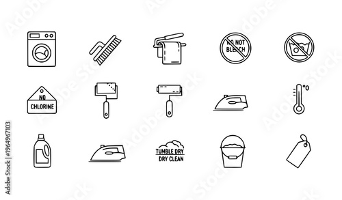 Linear laundry icon pack with washer care symbols and clothing wash instructions for UI design