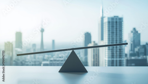 See saw balance scale on triangular fulcrum with city skyline background, calm mood