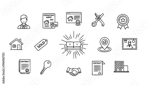 Real estate outline icon set with property services home sale and renovation symbols for web UI