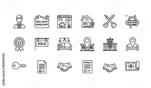 Modern real estate line icon collection with property home sale and renovation elements for UI design