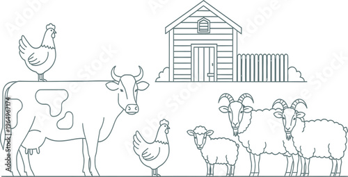 Farm Animals Scene with Barn Cow Sheep Chickens Outline Line Art Vector Illustration