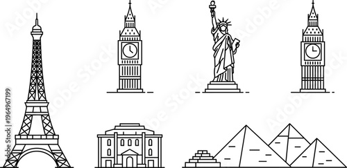 Black and White Famous Landmark Icons Set Featuring the Eiffel Tower, Big Ben, Statue of Liberty, Pyramids, and World Monuments