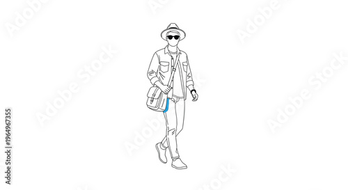 Trendy man in stylish outfit wearing a hat and sunglasses walking with a messenger bag in minimalist black and white line art.