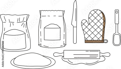 Baking Tools and Ingredients Set Outline Line Art Kitchen Vector Illustration